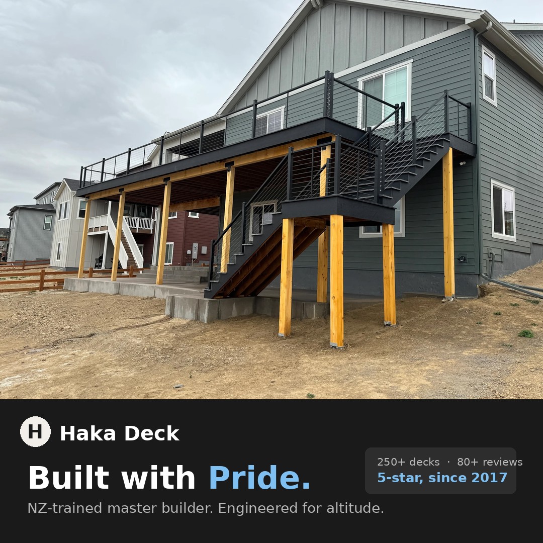 Haka Decks display ad showing an elevated deck on a Denver home, with the line 'Built with Pride. NZ-trained master builder. Engineered for altitude.'